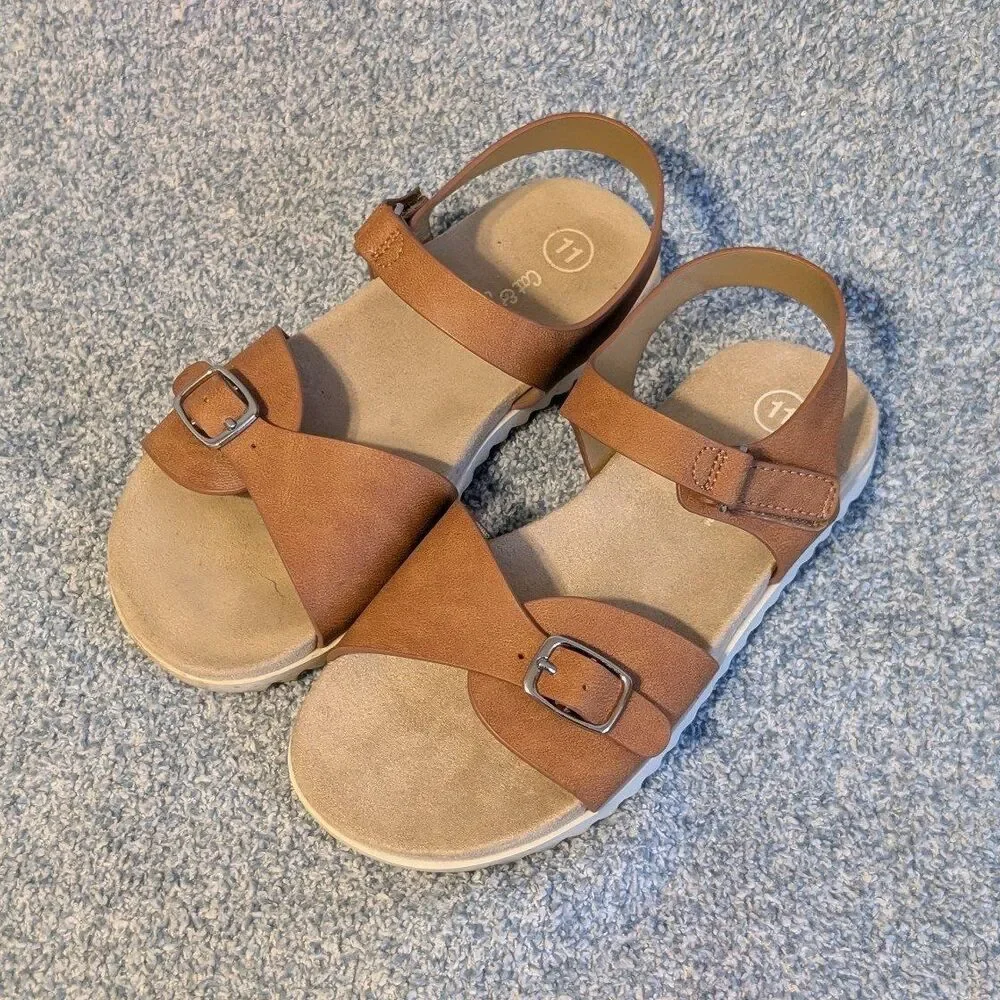 Cat & Jack Girls Size 11 Cognac Brown Shaelyn Molded Footbed Hook Loop Sandals